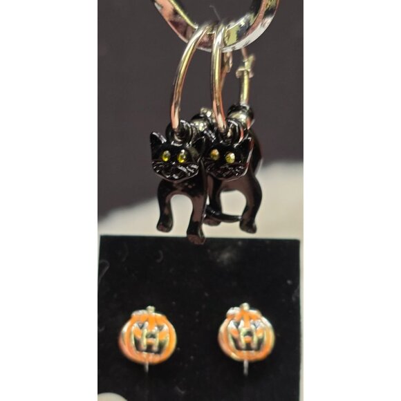 Avon Halloween Earrings Silver Hoops with Black Cat and Jack-O-Lantern Studs - Picture 1 of 16